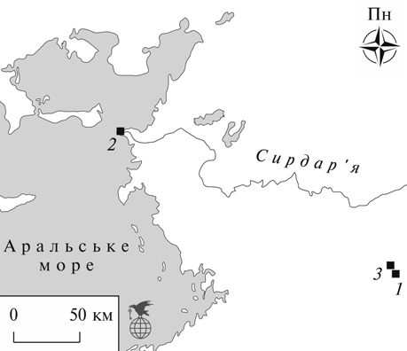 Карта находок антропоморфных фаллических фигурок с петлей на обороте на территории Приаралья