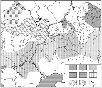 Карта-схема археологической ситуации в Восточной Европе I-II вв. н.э. и локализация памятников писеральско-андреевского типа