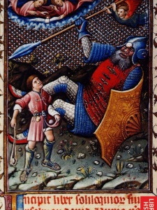 Давид и Голиаф - миниатюра псалтыря Альфонсо V Арагонского, 1442 год