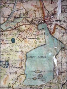 Фрагмент карты 1785 г. с изображением Невеля и Невельского озера с окрестностями.