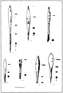 Ланцетовидные наконечники стрел: 1-5 – тип 62 (вар.2); 6 – тип 62 (вар. 1); 7 – тип 63
