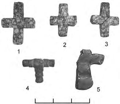 Кресты-тельники каменные: 1 — Очеретяная Гора, 2, 4 — Шумлай; 3, 5 — Лесковое