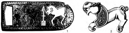 Фантастические животные в композиции «Человечек и кони/львы». 1 — Испания, пряжка VII в., 2 — Мартыновка