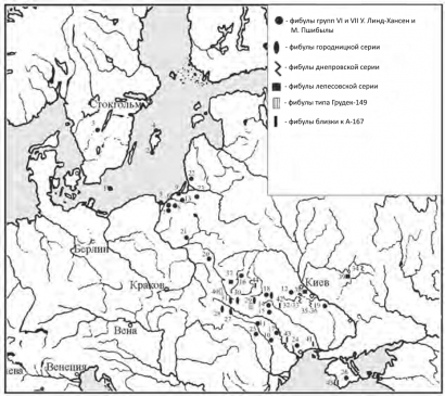 Карта распространения фибул с зерненной кольцевой гарнитурой (с территории северной европы показаны экземпляры только фибул «чудовищно развитых» форм)