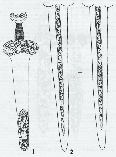Изображение ножен (I) и лезвий акинака (2) из кургана Иссык