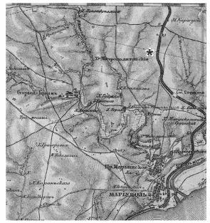 Мариуполь и его окрестности. Значком (*) показано место обнаружения захоронения