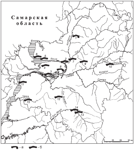 Карта распространения каменных сверленых топоров на территории Самарского Поволжья. а - бронзовые топоры, б - каменные топоры