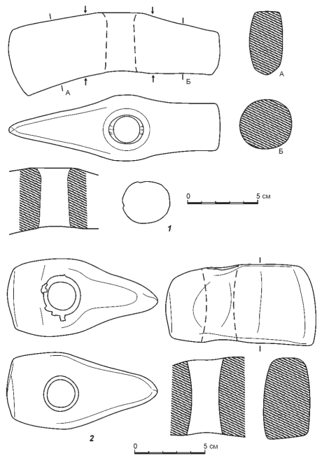 1 - каменный топор из Крутенького II одиночного кургана; 2 - случайная находка каменного топора у с. Красный Яр