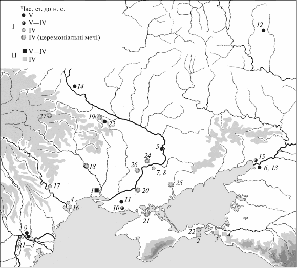 Карта поширення односічних мечів у Північному Причорномор'ї