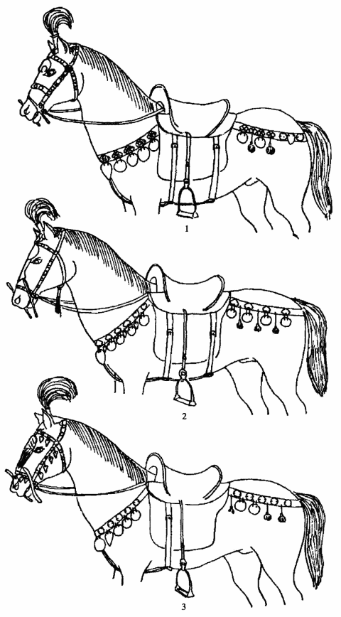 Реконструкция размещения украшений конской сбруи из захоронений Верхнесалтовского могильника. 1 - захоронение коня 3; 2 - захоронение коня 4; 3 - тайник катакомбы 25