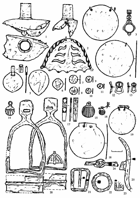 Инвентарь из тайника катакомбы 25 Верхнесалтовского III могильника. 1-19 — бронза; 20-25 — железо.