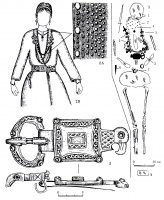 Погребение 1 из склепа 100 с орлиноголовой пряжкой 2 варианта. I — план погребения (А — костный тлен); 1 — бронзовые серьги; 2 — стеклянный бисер и янтарные бусы; 2А — схема их расположения на обшивке краев плаща; 2В — реконструкция костюма погребенной; 3 — серебряная орлиноголовая пряжка; 4 — ожерелье (рис. 6, 2); 5 — бронзовые фибулы и цепь, стеклянные и янтарные бусы (рис. 6, 1, 3-5); 6 — железный нож; 7 — бронзовые браслеты.